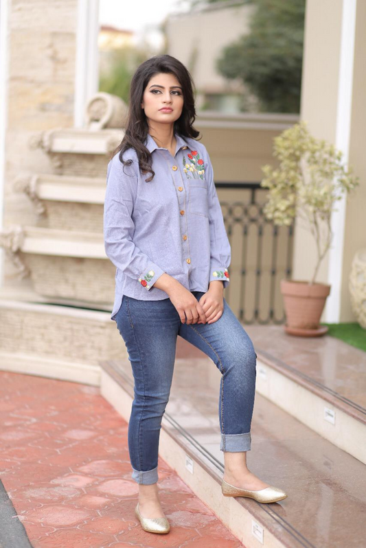 BLUE DENIM EMBROIDERED SHIRT |CHANTELLE|   RJ’S PRET